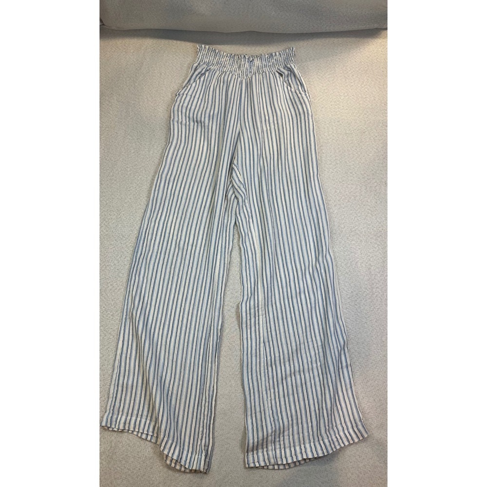 Billabong Wide Leg Pants Womens S Blue White Stripe Smocked Waist Coastal Boho